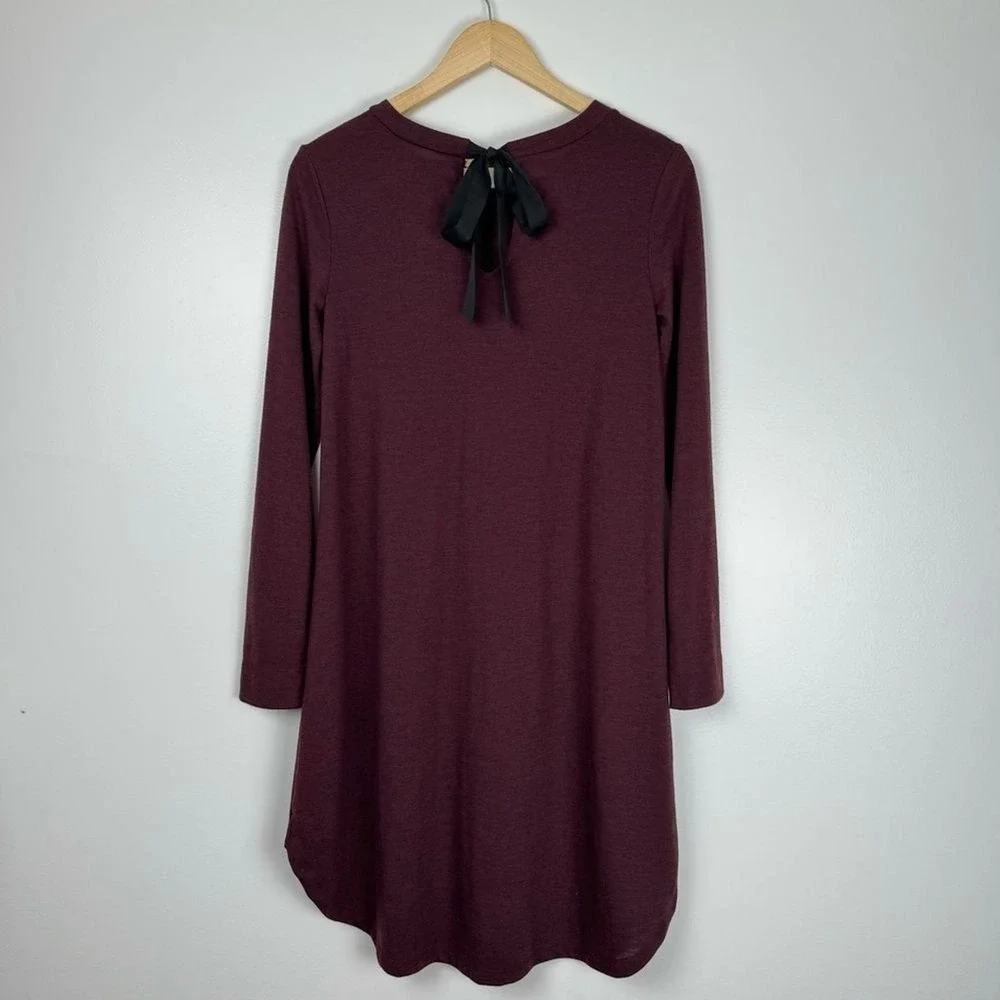 LOFT Tunic Shirtdress Womens S Maroon‎ Burgundy Jersey Knit Tie Neck Office